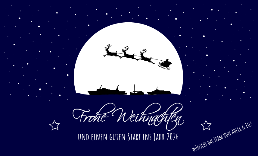 Mit einem Bild vom Weihnachtsmann, der auf seinem Rentierschlitten durch die Nacht fliegt wünscht das Team von Adler & Eils Frohe Weihnachten und einen guten Start ins Jahr 2026